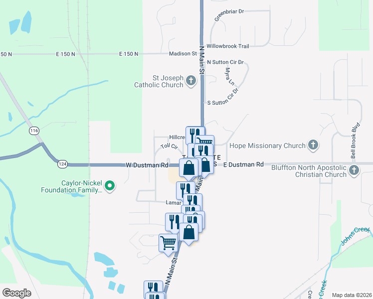 map of restaurants, bars, coffee shops, grocery stores, and more near 1415 Garr Street in Bluffton
