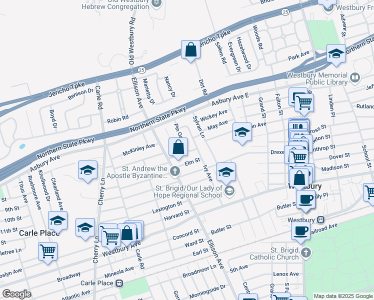 map of restaurants, bars, coffee shops, grocery stores, and more near 346 Pin Oak Lane in Westbury