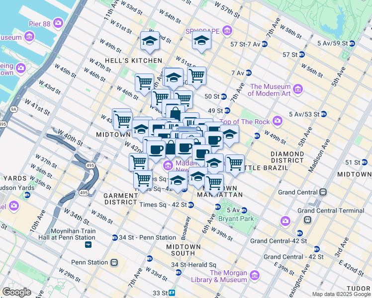 map of restaurants, bars, coffee shops, grocery stores, and more near 225 Shubert Alley in New York