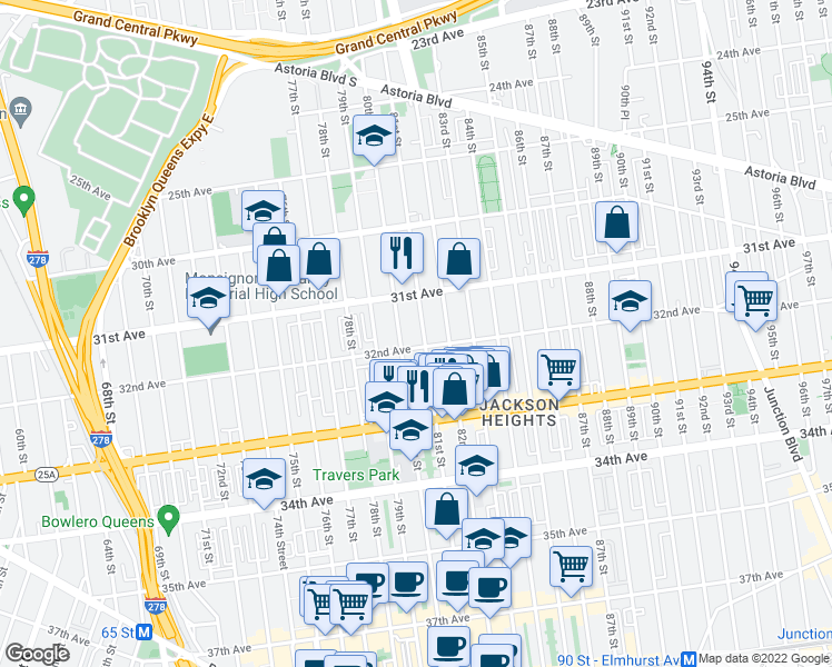 map of restaurants, bars, coffee shops, grocery stores, and more near 31-38 81st Street in Queens