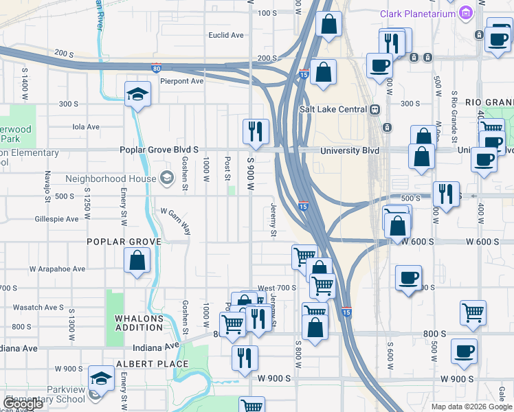 map of restaurants, bars, coffee shops, grocery stores, and more near 513 South 900 West in Salt Lake City