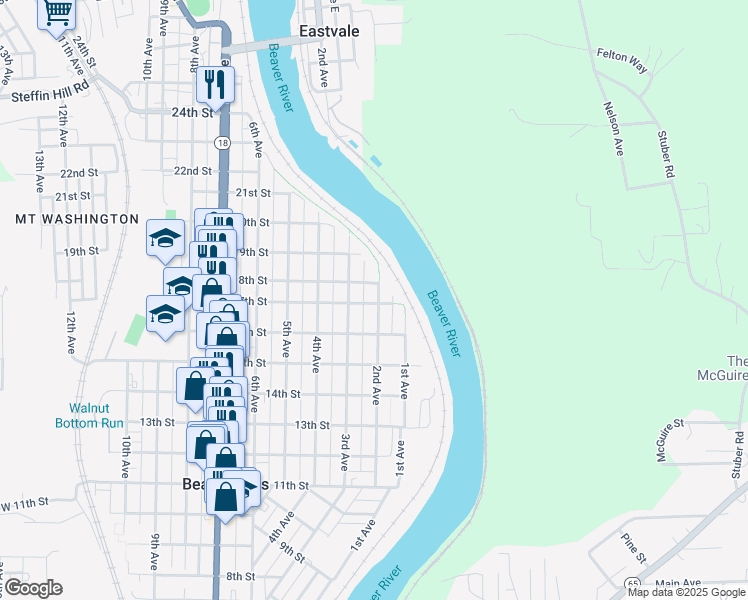 map of restaurants, bars, coffee shops, grocery stores, and more near 1701 2nd Avenue in Beaver Falls