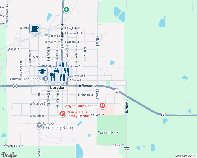 map of restaurants, bars, coffee shops, grocery stores, and more near 501-571 E State St in Corydon