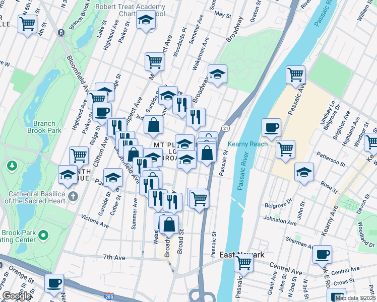 map of restaurants, bars, coffee shops, grocery stores, and more near 127 Broad Street in Newark