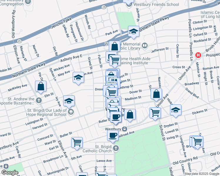 map of restaurants, bars, coffee shops, grocery stores, and more near 249 Drexel Avenue in Westbury