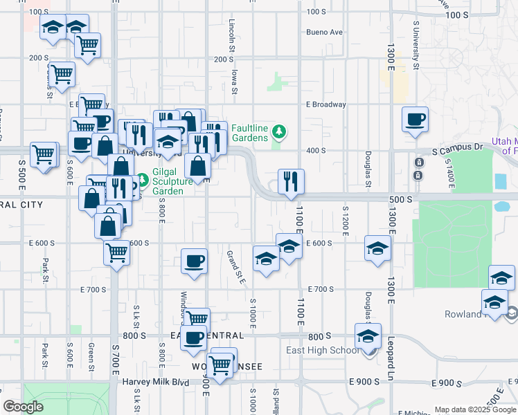 map of restaurants, bars, coffee shops, grocery stores, and more near 976 East 500 South in Salt Lake City