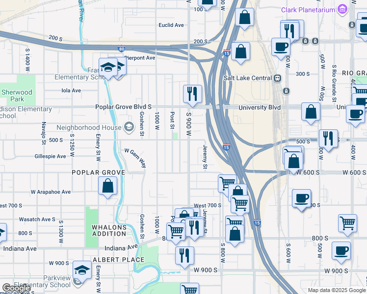 map of restaurants, bars, coffee shops, grocery stores, and more near 513 Post Street in Salt Lake City