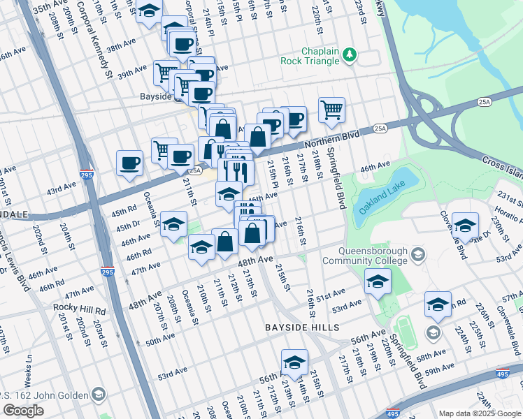map of restaurants, bars, coffee shops, grocery stores, and more near 214-25 46th Road in Queens