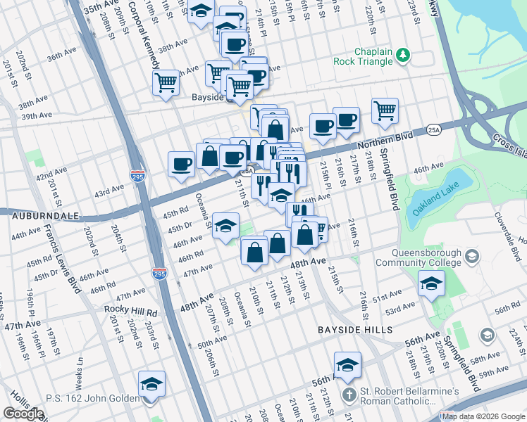 map of restaurants, bars, coffee shops, grocery stores, and more near 211-23 46th Avenue in Queens