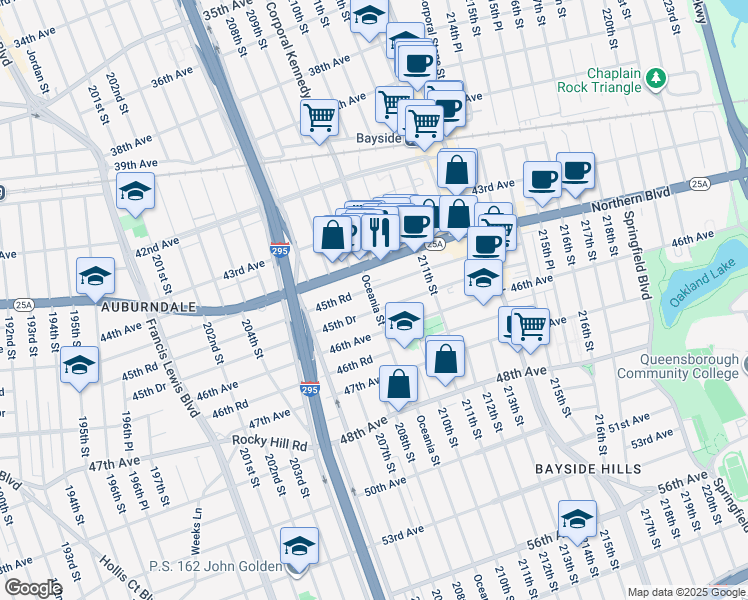 map of restaurants, bars, coffee shops, grocery stores, and more near 209-19 45th Drive in Queens