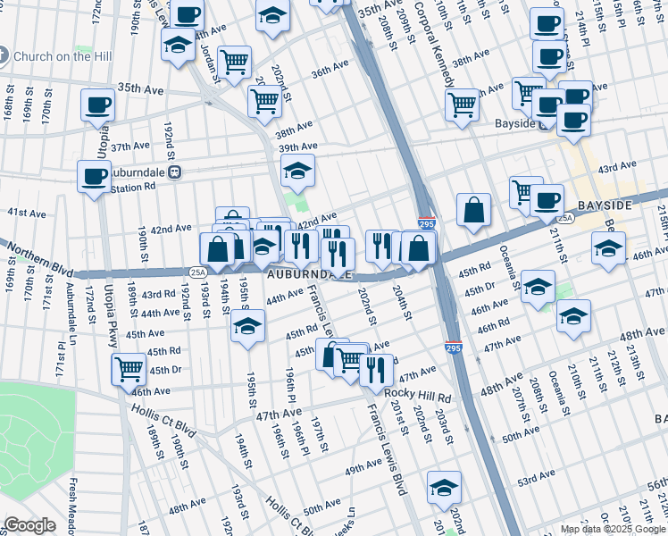 map of restaurants, bars, coffee shops, grocery stores, and more near 201-08 43rd Avenue in Queens