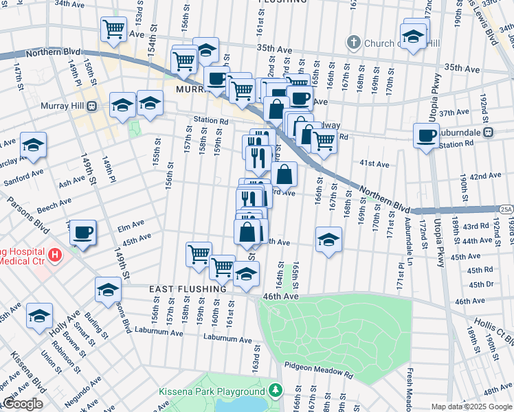 map of restaurants, bars, coffee shops, grocery stores, and more near 43-28 162nd Street in Queens