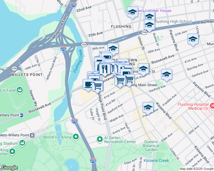 map of restaurants, bars, coffee shops, grocery stores, and more near 40-29 Lawrence Street in Queens