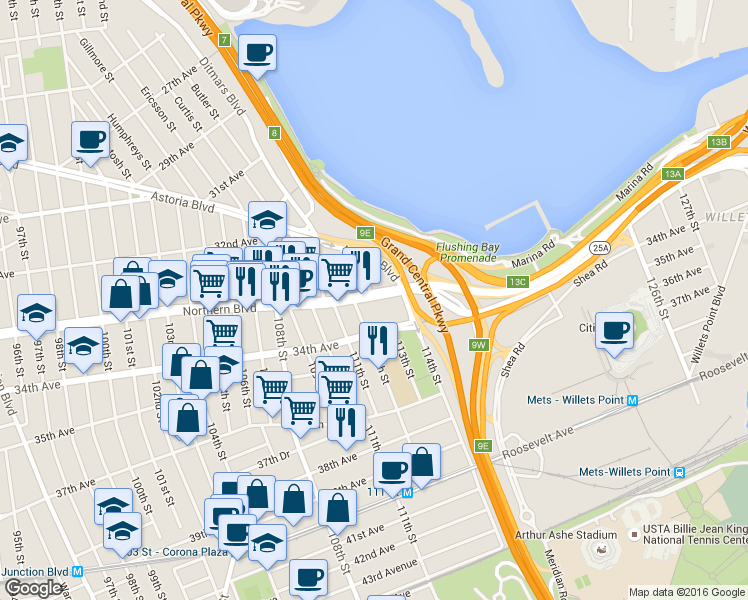 map of restaurants, bars, coffee shops, grocery stores, and more near 112-24 Northern Boulevard in Queens