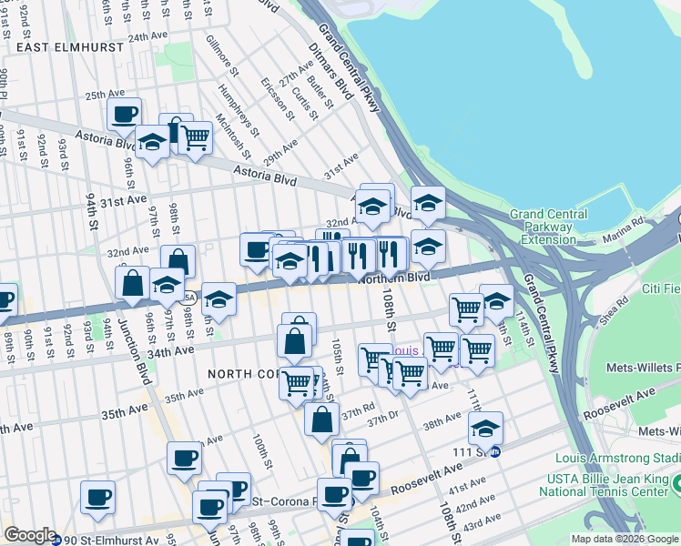 map of restaurants, bars, coffee shops, grocery stores, and more near 32-56 106th Street in Queens
