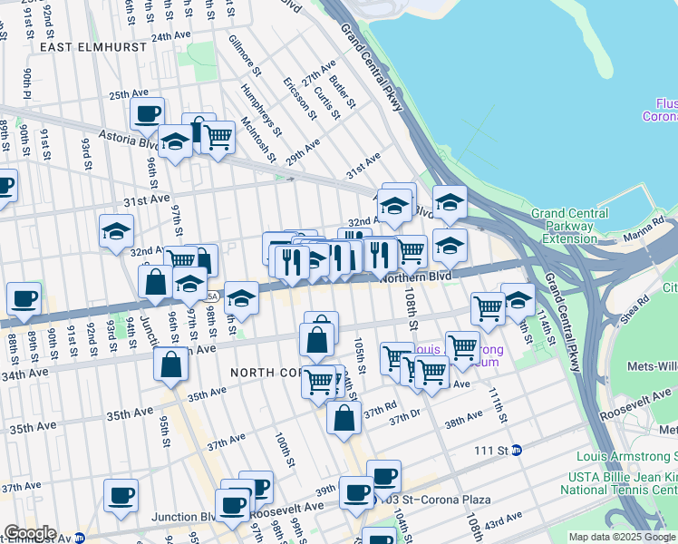 map of restaurants, bars, coffee shops, grocery stores, and more near in Queens
