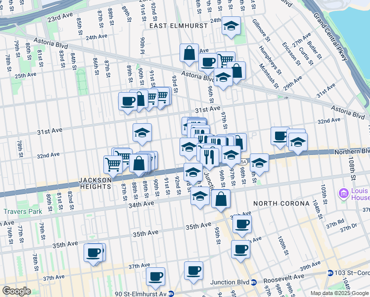 map of restaurants, bars, coffee shops, grocery stores, and more near in Queens