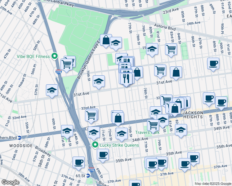 map of restaurants, bars, coffee shops, grocery stores, and more near 31-15 74th Street in Queens