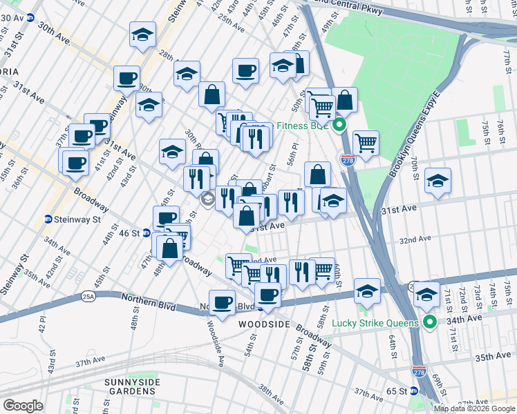 map of restaurants, bars, coffee shops, grocery stores, and more near 55-03 31st Avenue in Queens