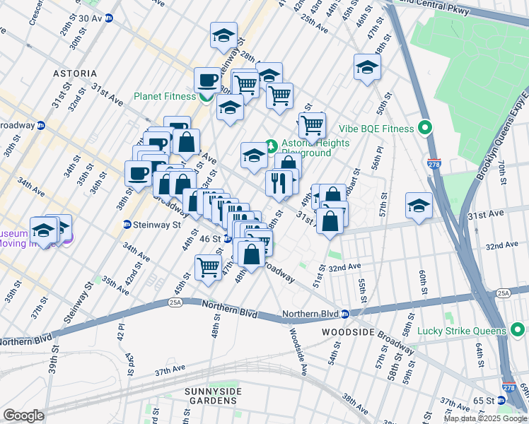 map of restaurants, bars, coffee shops, grocery stores, and more near 31-32 47th Street in Queens