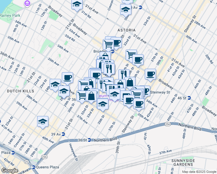 map of restaurants, bars, coffee shops, grocery stores, and more near 34-29 33rd Street in Queens