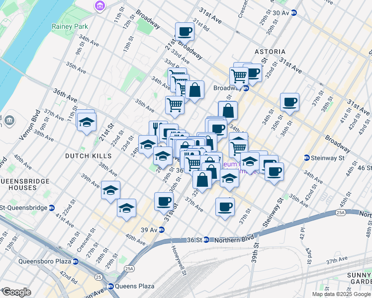 map of restaurants, bars, coffee shops, grocery stores, and more near 35-33 29th Street in Queens