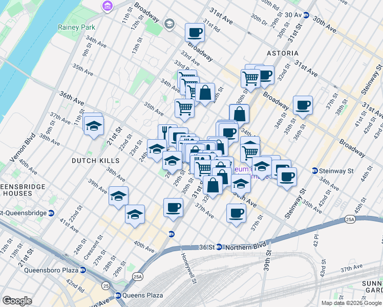 map of restaurants, bars, coffee shops, grocery stores, and more near 35-33 29th Street in Queens