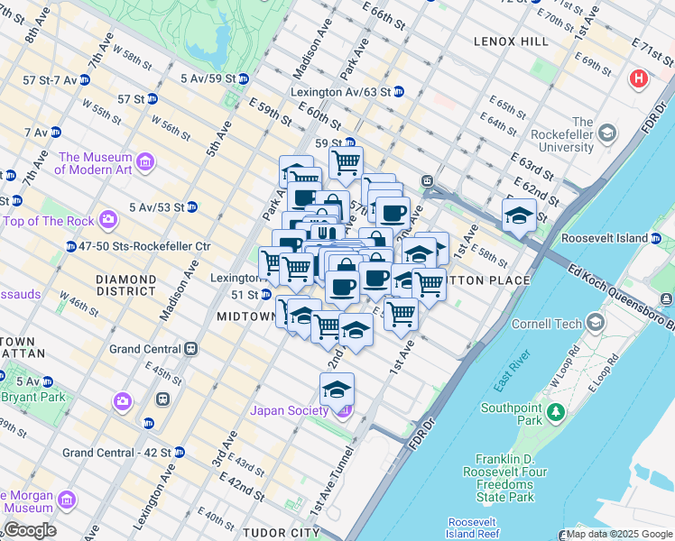 map of restaurants, bars, coffee shops, grocery stores, and more near in New York