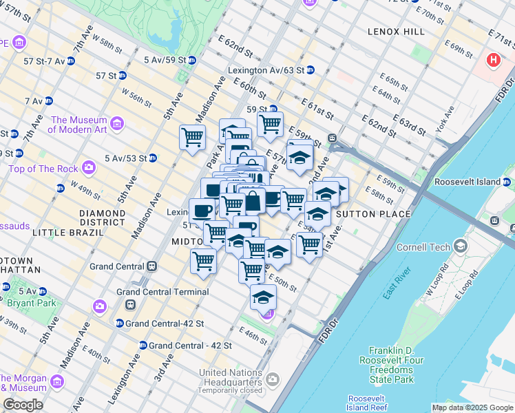 map of restaurants, bars, coffee shops, grocery stores, and more near 163 East 52nd Street in New York
