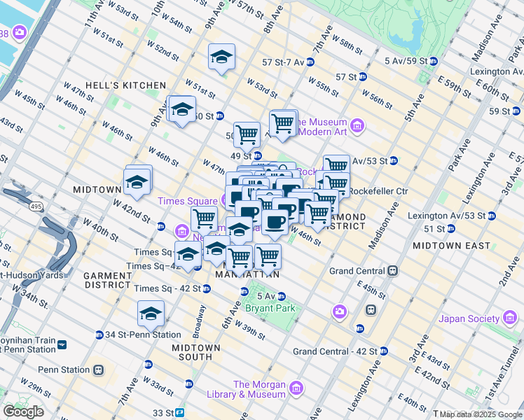 map of restaurants, bars, coffee shops, grocery stores, and more near 60 East 42nd Street in New York