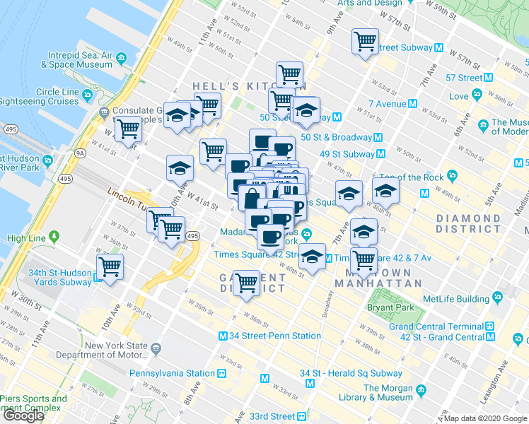 map of restaurants, bars, coffee shops, grocery stores, and more near in New York