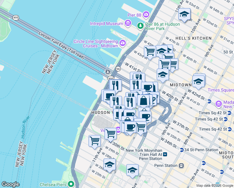 map of restaurants, bars, coffee shops, grocery stores, and more near 655 West 34th Street in New York