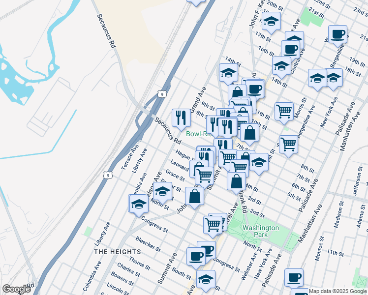 map of restaurants, bars, coffee shops, grocery stores, and more near 809 Secaucus Road in Jersey City