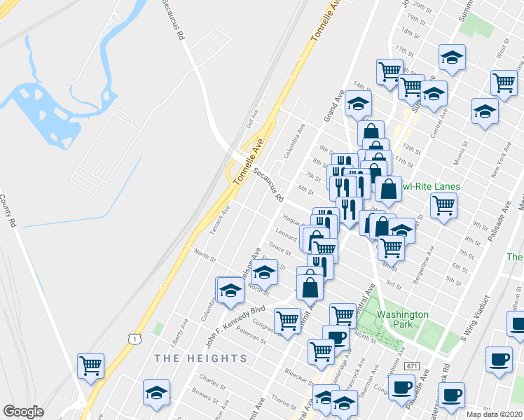 map of restaurants, bars, coffee shops, grocery stores, and more near 299 Columbia Avenue in Jersey City