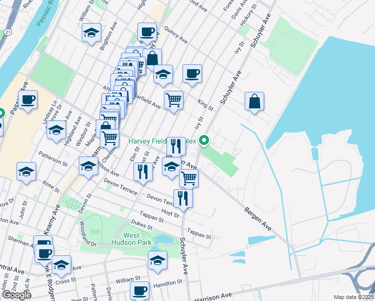 map of restaurants, bars, coffee shops, grocery stores, and more near 90 Ivy Street in Kearny