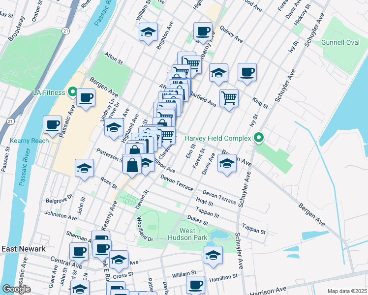 map of restaurants, bars, coffee shops, grocery stores, and more near 211 Devon Street in Kearny