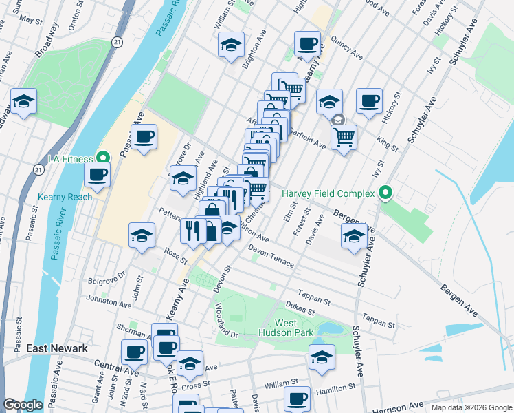 map of restaurants, bars, coffee shops, grocery stores, and more near 200 Kearny Avenue in Kearny