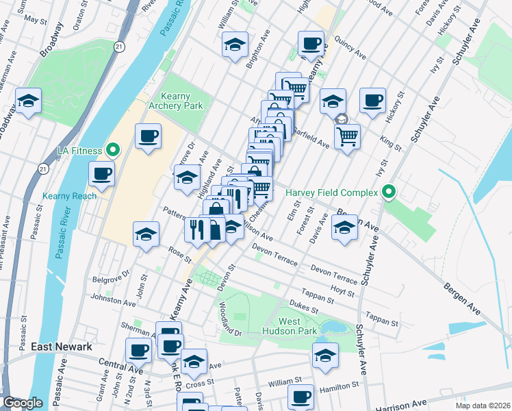 map of restaurants, bars, coffee shops, grocery stores, and more near 200 Kearny Avenue in Kearny