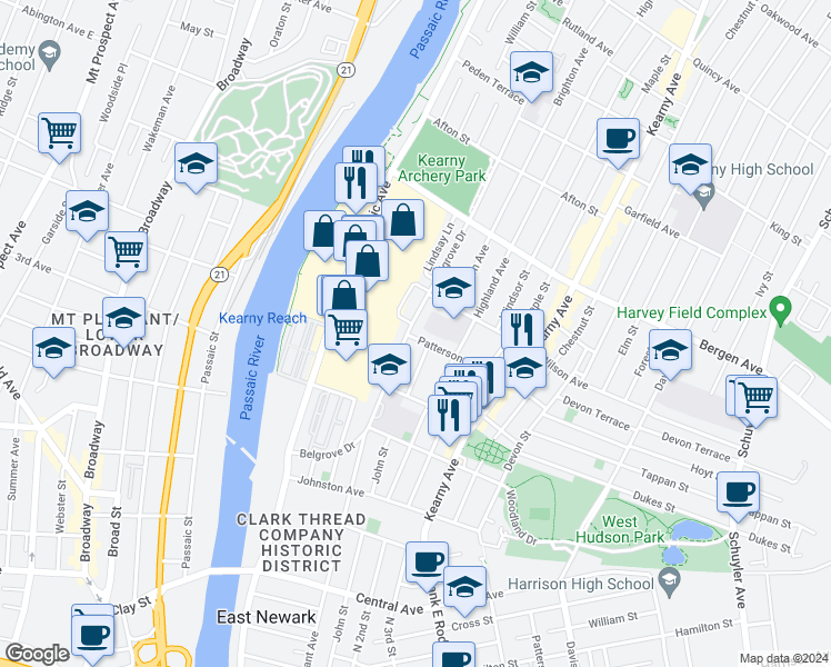 map of restaurants, bars, coffee shops, grocery stores, and more near 149 Belgrove Drive in Kearny