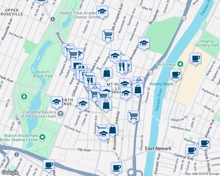 map of restaurants, bars, coffee shops, grocery stores, and more near 191 Summer Avenue in Newark