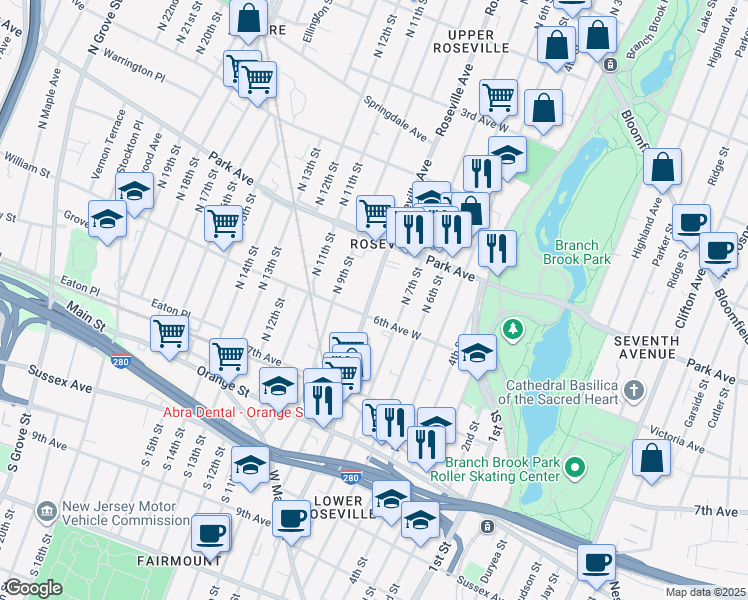 map of restaurants, bars, coffee shops, grocery stores, and more near 215 Roseville Avenue in Newark