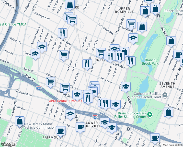 map of restaurants, bars, coffee shops, grocery stores, and more near 69 North 9th Street in Newark