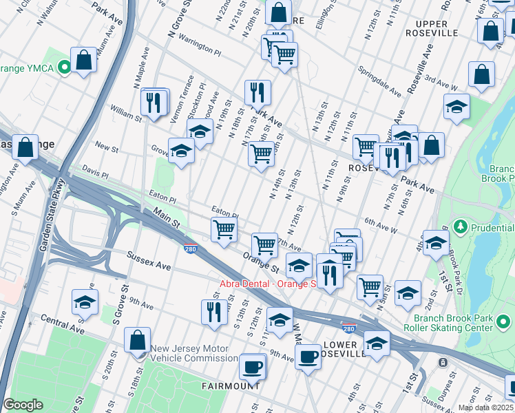 map of restaurants, bars, coffee shops, grocery stores, and more near 69 North 14th Street in East Orange