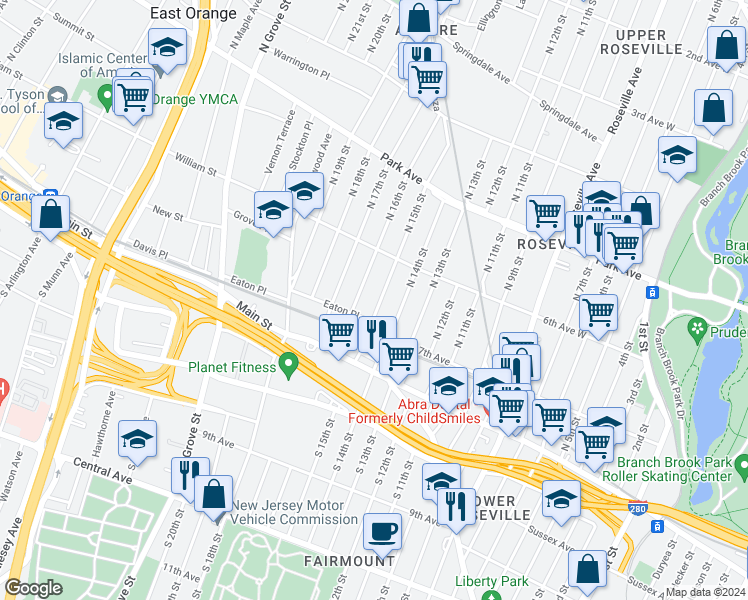 map of restaurants, bars, coffee shops, grocery stores, and more near 14 North 16th Street in East Orange