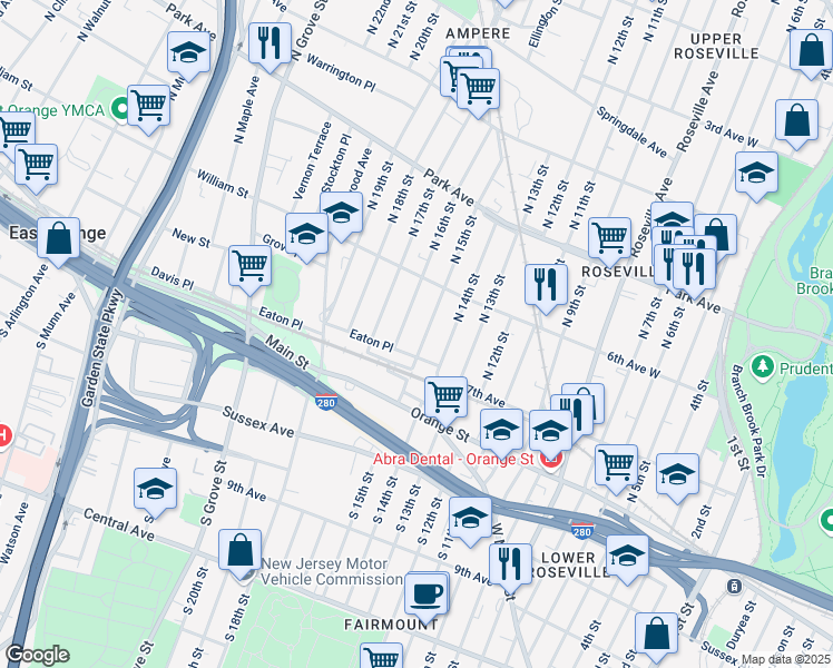 map of restaurants, bars, coffee shops, grocery stores, and more near 14 North 16th Street in East Orange