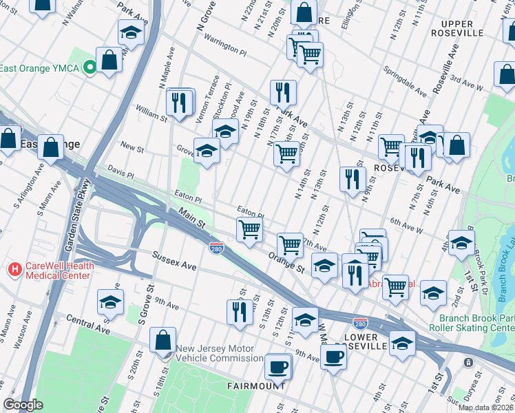 map of restaurants, bars, coffee shops, grocery stores, and more near 14 North 16th Street in East Orange