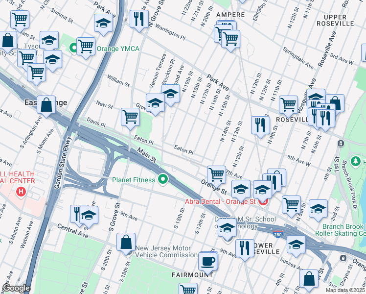 map of restaurants, bars, coffee shops, grocery stores, and more near 64 Eaton Place in East Orange
