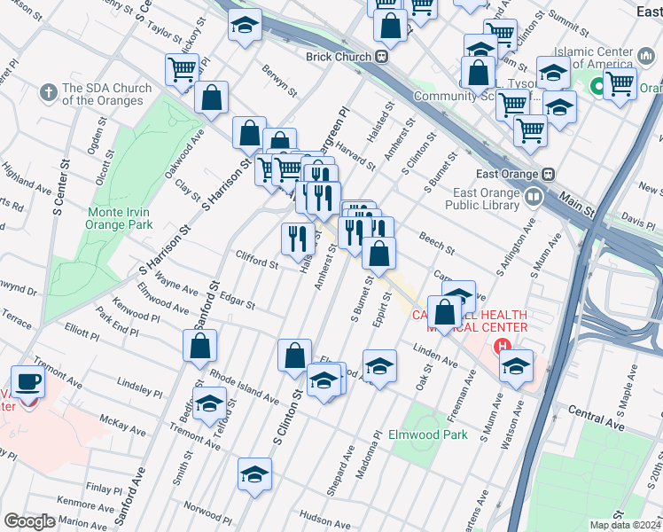 map of restaurants, bars, coffee shops, grocery stores, and more near 206 Amherst Street in East Orange