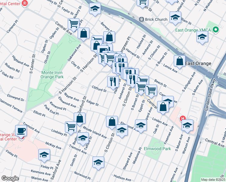 map of restaurants, bars, coffee shops, grocery stores, and more near 267 Halsted Street in East Orange