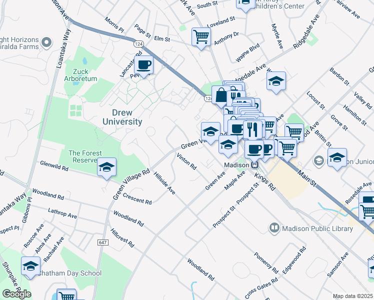 map of restaurants, bars, coffee shops, grocery stores, and more near 50 Green Village Road in Madison